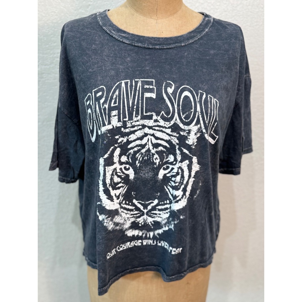 Rustee‎ Brave Soul Tiger Graphic T-Shirt Crop Top Acid Wash Gray Womens NWOT